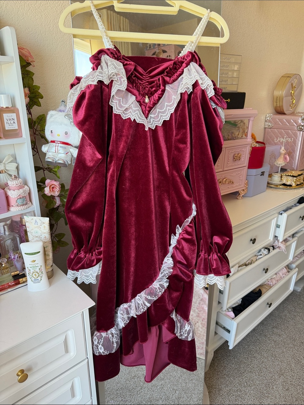 Velvet Lace Trim Women's Dress - Burgundy